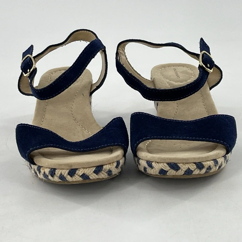 Lands End Espadrille Sandal Womens 7 Wedge Slingback Open Toe Blue Suede Chevron